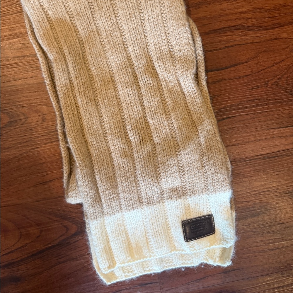 Coach Two-Tone Knit Scarf in Beige and Cream